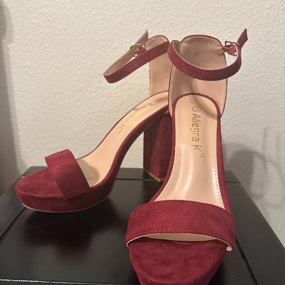 Burgundy Platform Chunky Heels - Picture 1 of 6